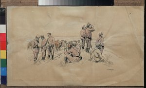 Rest of a Cavalry Unit. Work by Nikolai Semyonovich Samokish (1860-1944), c.1915. Russian Art, 20th Century. State United Art Museum, Kostroma (Russia) by Nikolaj Semenovic Samokis