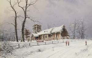 Winter Scene with Figures on a Path near a Church by Nils Hans Christiansen