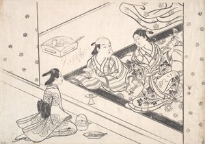 Lady Playing Shamisen, with Her Lover and Attendant Nearby by Nishikawa Sukenobu