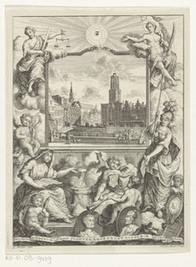 Cityscape with Dom Church in Utrecht and Allegory with Utrecht City Maiden (Title Page for: Elias de Vries, Dissertatio juridica, de jure naturali ac gentium, seu duobus prioribus juris fontibus, 1745) by Noach van der Meer (I)