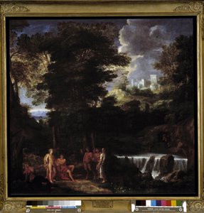 Marsyas playing flute before Apollo and Midas