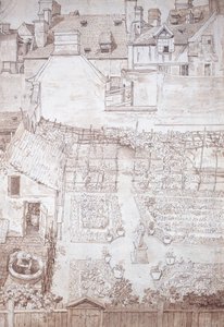 A Garden of a Town House, with Parterres and Vine Pergola, Enclosed by Buildings, c.1677