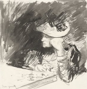 Lady with Straw Hat Sitting Pensively at a Table by Norbert Goeneutte