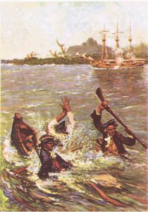 The boat sank by the stern in three feet of water, from Treasure Island published by MacDonald 1947