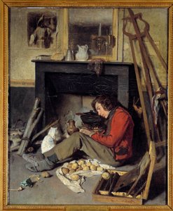 Workshop Interior. A Painter Near His Fireplace. Painting by Octave Tassaert (1800-1874), 1845 by Octave Tassaert