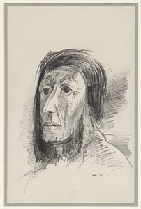 Head Framed by Black Hair with Wide Open Eyes by Odilon Redon