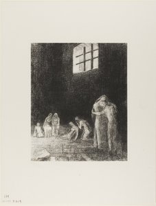 In the Shadow Are People, Weeping and Praying, Surrounded by Others Who Are Exhorting Them, Plate 6 of 24 by Odilon Redon