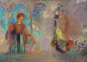 Woman in a gothic arcade - Woman with flowers