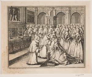 Bishop Hersleb Anoints Queen Louise in Frederiksborg Castle Church. Illustration for Frederick IV