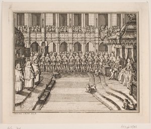 King Frederik V and Queen Louise during the Coronation Ceremony in Frederiksborg Castle Church. Illustration for Frederik IV