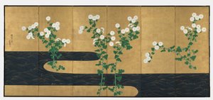 Chrysanthemums by a Stream, pair of six-panel folding screens by Ogata (follower of) Korin