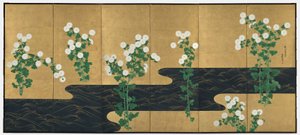 Chrysanthemums by a Stream, pair of six-panel folding screens by Ogata (follower of) Korin
