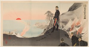 Officers and Men Admiring the Rising Sun While Bivouacking in the Mountains of Port Arthur by Ogata Gekko