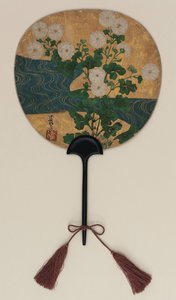 Fan; on one side Narihira and the pilgrim; on the other, chrysanthemums and a brook, Edo period, late 17th- early 18th century by Ogata Korin
