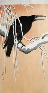 A Raven on a Snowy Branch by Ohara Koson (1910). Private Collection