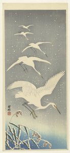 Descending Egrets in Snow by Ohara Koson