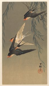 Three Red-Rumped Swallows in Dive by Ohara Koson