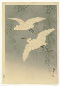 Little Egrets in Flight by Ohara Koson