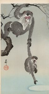 Monkey and baby reaching for the reflection of the moon by Ohara Koson