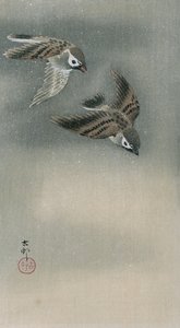 Sparrows in flight by Ohara Koson