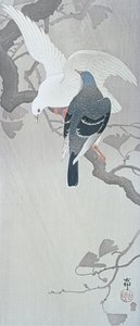 Two Doves in the rain on a branch of a Ginko tree by Ohara Koson