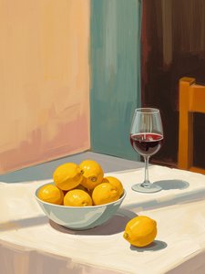 Still Life with Lemons and Red Wine Glass by Ohkimiko