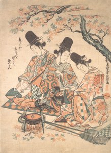 Parody of Palace Servants Heating Sake over a Fire of Maple Leaves, ca. 1750 by Okumura Masanobu