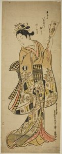 Yaoya Oshichi holding a battledore paddle by Okumura Masanobu