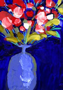 Vibrant Red Flowers Blue Vase by Olga Skomorokhova
