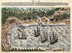 View of Dutch Ship in Harbour by Olivier van Noort