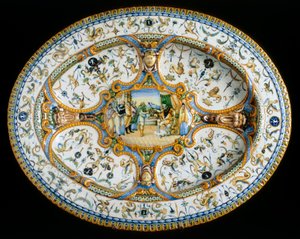 Tray with grotesques from the Orazio Fontana workshop conserved in the Museo Nazionale del Bargello, Florence by Orazio (workshop of) Fontana