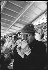 Tony Curtis with Leica camera at the Winter Olympics, Squaw Valley, California