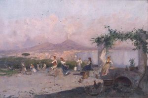 The Bay of Naples with Figures Dancing in the Foreground by Oscar Ricciardi