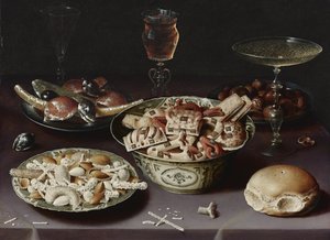 Still Life with Sweets, Chestnuts and a Bread Roll by Osias the Elder Beert