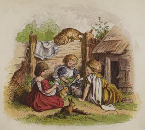 Three girls playing with their pet rabbits, watched by a cat by Oskar Pletsch