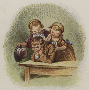 Two little girls trying to cheer up a grumpy boy by Oskar Pletsch