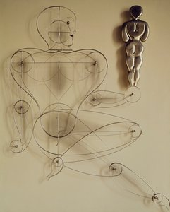 Homo, wire figure with rear view figure in its hand by Oskar Schlemmer
