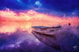 Serene Sunset Boat Reflection by Osvaldo Russo
