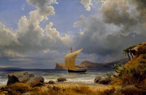 O. Achenbach, Sailboat in an Italian Bay by Oswald Achenbach