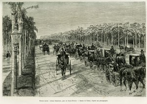 Buenos Aires, Sarmiento Avenue, Three February Park. Engraving to illustrate the story Voyage a la Plata, in 1886, by Emile Daireaux, in le tour du monde 1888, directed by Edouard Charton, Hachette, Paris. by Oswaldo Tofani