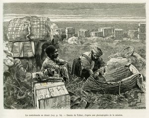 Smuggling of archeological excavations in the Persian desert. Engraving to illustrate the story A Suse. by Oswaldo Tofani