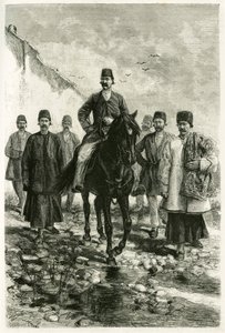 The governor of Kachan (or Kashan, in Teheran province, present-day Iran) rides a black horse and his suite is on foot. Engraving by Tofani, from a photograph, to illustrate the story Persia, Chaldee and Susiane in 1881-1882, by Jane Dieulafoy (nee Magre) by Oswaldo Tofani