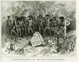 What can a newspaper be used for? Engraving to illustrate the story Chez les cannibales, Voyage dans le nord-est de l