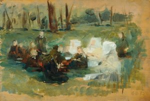 Group of Children with Three White-Clad Nuns and a Clergyman on a Forest Meadow in the Sun