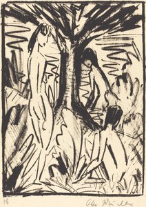 Standing, Sitting, and Bathing Girls near a Tree by Otto Müller