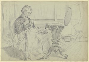 Luise Scholderer at the Sewing Table, with Handwork by Otto Scholderer