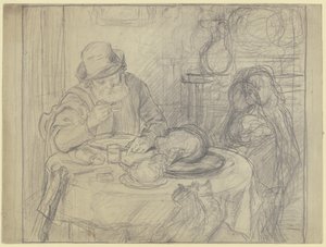 Man at the Dining Table with Child and Cat by Otto Scholderer