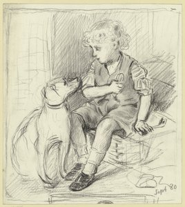 Seated Boy with Seated Dog by Otto Scholderer