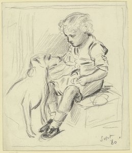 Seated Boy with Seated Dog by Otto Scholderer