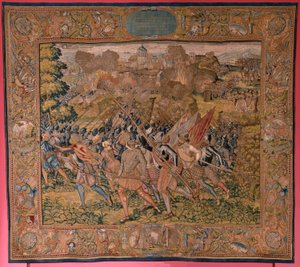 Flemish Tapestry. Series Triumphs and Battles of Archduke Albert. Night Assault on Ardres or Capture of the Low Town of Ardres. Third Tapestry in the Series. Model Otto van Veen and Hans I Snellinck